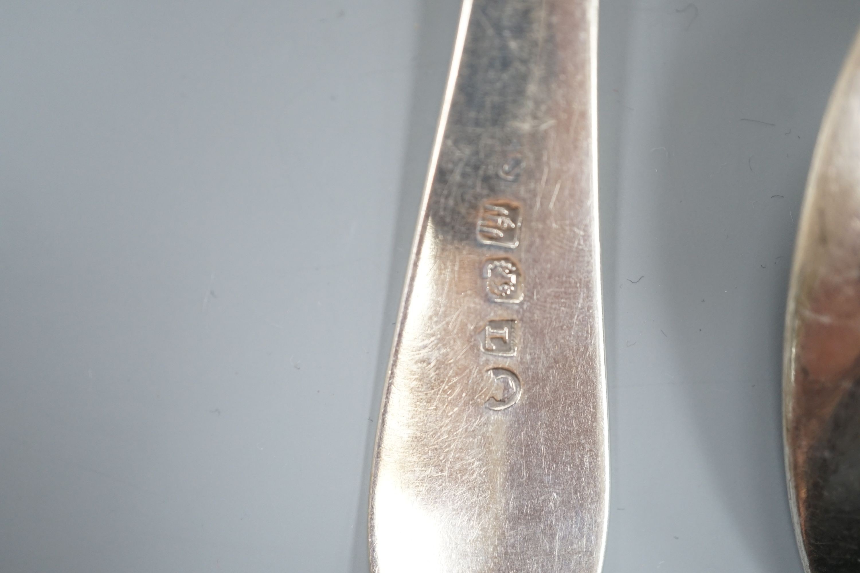 A pair of Victorian Irish silver fiddle pattern dessert spoons, Dublin, 1854, 18.1cm and two 18th century Scottish silver Old English pattern tablespoons, Edinburgh, 1765 & 1791, 7oz.